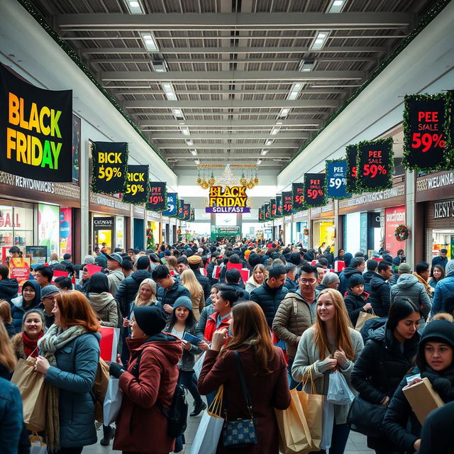 A vibrant and bustling Black Friday scene in a shopping center filled with enthusiastic shoppers
