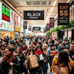 A vibrant and bustling Black Friday scene in a shopping center filled with enthusiastic shoppers