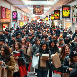 A vibrant and bustling Black Friday scene in a shopping center filled with enthusiastic shoppers