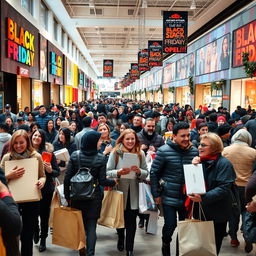 A vibrant and bustling Black Friday scene in a shopping center filled with enthusiastic shoppers