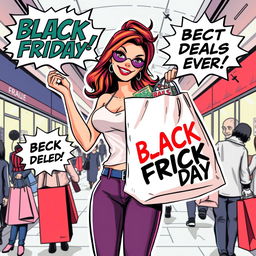 A stylized comic book illustration featuring a confident and attractive young woman on Black Friday