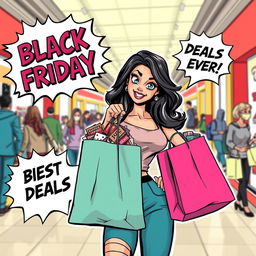 A stylized comic book illustration featuring a confident and attractive young woman on Black Friday