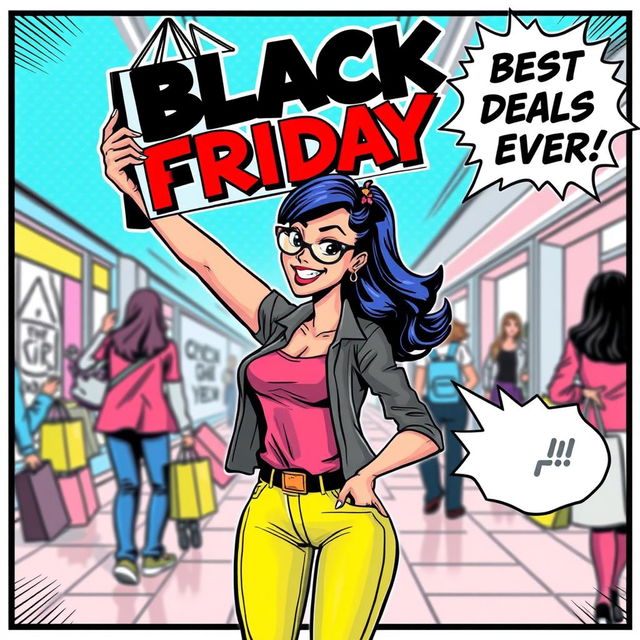 A stylized comic book illustration featuring a confident and attractive young woman on Black Friday