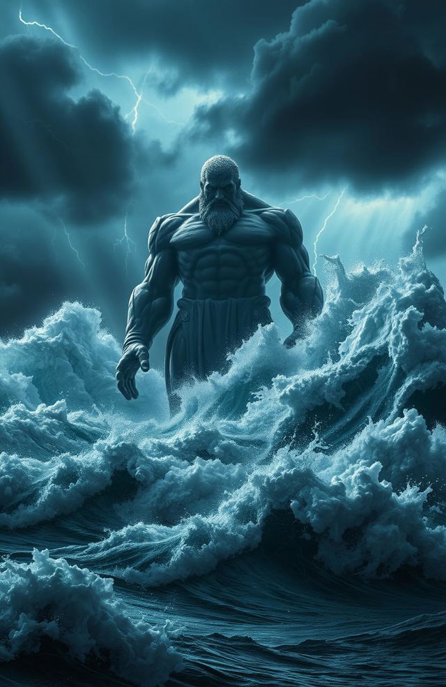 A giant figure standing majestically in a turbulent sea, surrounded by colossal foamy waves crashing against each other