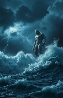 A giant figure standing majestically in a turbulent sea, surrounded by colossal foamy waves crashing against each other