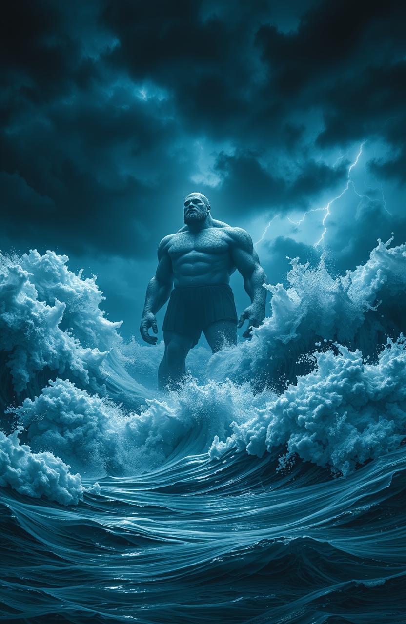 A giant figure standing majestically in a turbulent sea, surrounded by colossal foamy waves crashing against each other