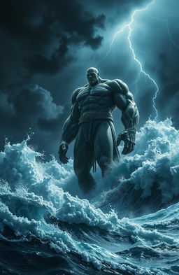 A giant figure standing majestically in a turbulent sea, surrounded by colossal foamy waves crashing against each other