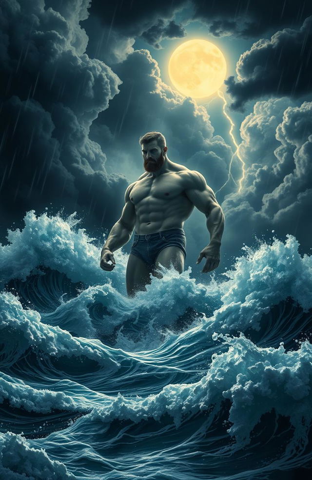 A single lithe giant standing majestically in the turbulent sea, surrounded by gigantic foamy waves crashing violently against his towering form, under a stormy night sky filled with dark ominous clouds and flashes of lightning illuminating the scene