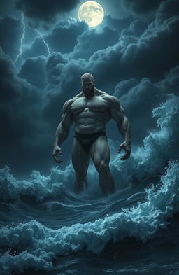 A single lithe giant standing majestically in the turbulent sea, surrounded by gigantic foamy waves crashing violently against his towering form, under a stormy night sky filled with dark ominous clouds and flashes of lightning illuminating the scene