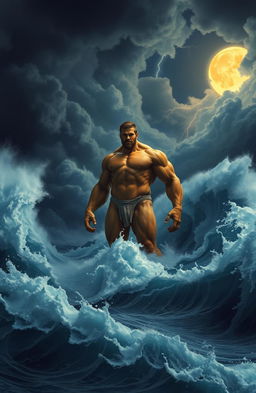 A single lithe giant standing majestically in the turbulent sea, surrounded by gigantic foamy waves crashing violently against his towering form, under a stormy night sky filled with dark ominous clouds and flashes of lightning illuminating the scene
