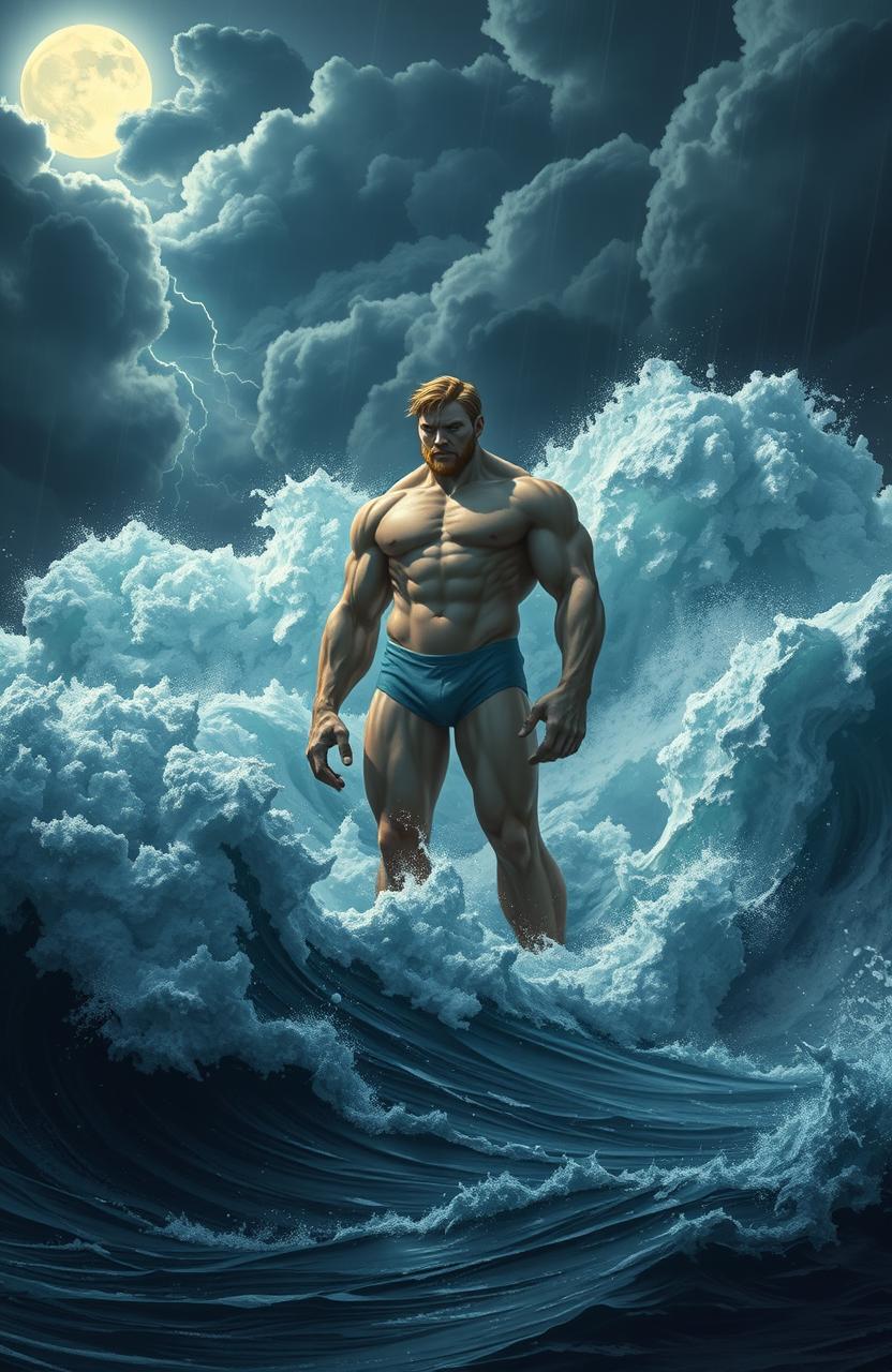 A single lithe giant standing majestically in the turbulent sea, surrounded by gigantic foamy waves crashing violently against his towering form, under a stormy night sky filled with dark ominous clouds and flashes of lightning illuminating the scene