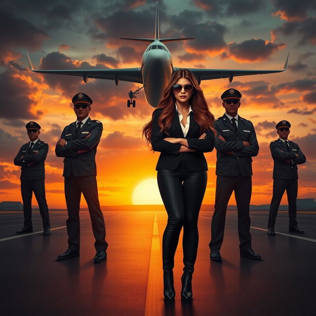 A dramatic and cinematic book cover-style illustration featuring four airline pilots standing in a confident pose on a runway at dusk