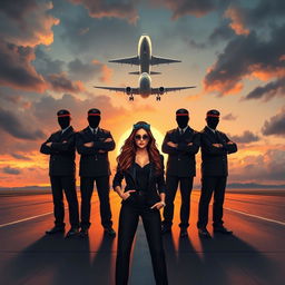 A dramatic and cinematic book cover-style illustration featuring four airline pilots standing in a confident pose on a runway at dusk