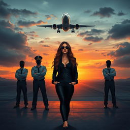 A dramatic and cinematic book cover-style illustration featuring four airline pilots standing in a confident pose on a runway at dusk