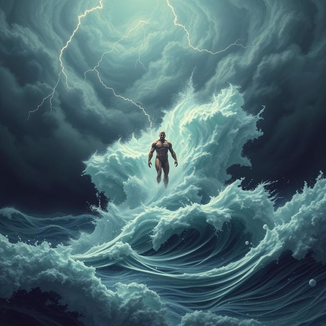 A single lithe giant standing prominently in the midst of the tumultuous sea, surrounded by gigantic foamy waves that crash around him with ferocity, set against a stormy night sky filled with swirling dark clouds