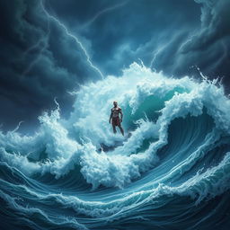 A single lithe giant standing prominently in the midst of the tumultuous sea, surrounded by gigantic foamy waves that crash around him with ferocity, set against a stormy night sky filled with swirling dark clouds