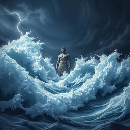 A single lithe giant standing prominently in the midst of the tumultuous sea, surrounded by gigantic foamy waves that crash around him with ferocity, set against a stormy night sky filled with swirling dark clouds