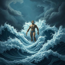 A single lithe giant standing prominently in the midst of the tumultuous sea, surrounded by gigantic foamy waves that crash around him with ferocity, set against a stormy night sky filled with swirling dark clouds
