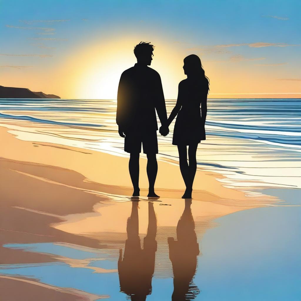 A high-quality digital art image illustrating a teen couple at the beach