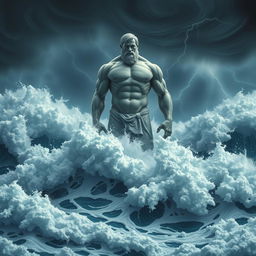 A single giant standing confidently in the sea, his body resembling a finely crafted sculpture with defined muscles and graceful curves, towering above the gigantic foamy waves that crash violently around him