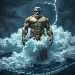 A single giant standing confidently in the sea, his body resembling a finely crafted sculpture with defined muscles and graceful curves, towering above the gigantic foamy waves that crash violently around him