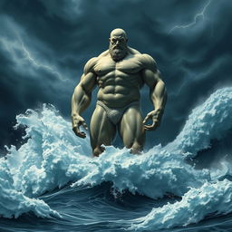 A single giant standing confidently in the sea, his body resembling a finely crafted sculpture with defined muscles and graceful curves, towering above the gigantic foamy waves that crash violently around him