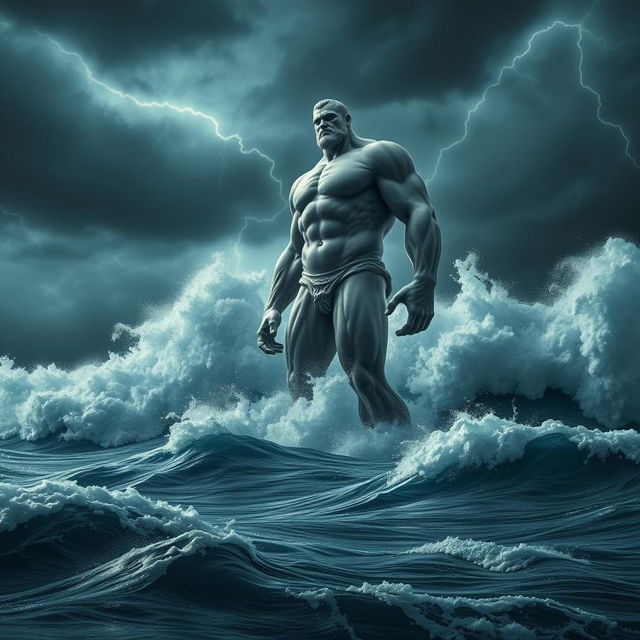 A single giant standing confidently in the sea, his body resembling a finely crafted sculpture with defined muscles and graceful curves, towering above the gigantic foamy waves that crash violently around him