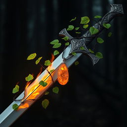 A beautifully crafted sword with elegant ivy vines intricately twisted around its blade, featuring bright green leaves that are engulfed in flames, creating a striking contrast