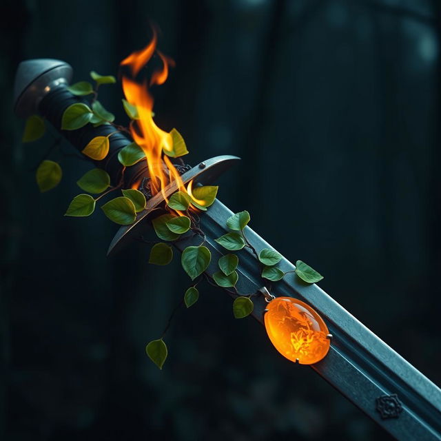 A beautifully crafted sword with elegant ivy vines intricately twisted around its blade, featuring bright green leaves that are engulfed in flames, creating a striking contrast