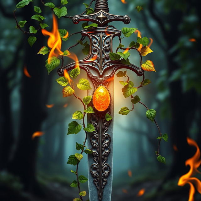 A captivating fantasy book cover featuring a majestic sword with intricate designs, wrapped in lush green ivy vines