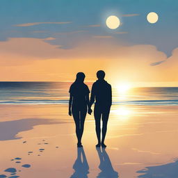 A high-quality digital art image illustrating a teen couple at the beach