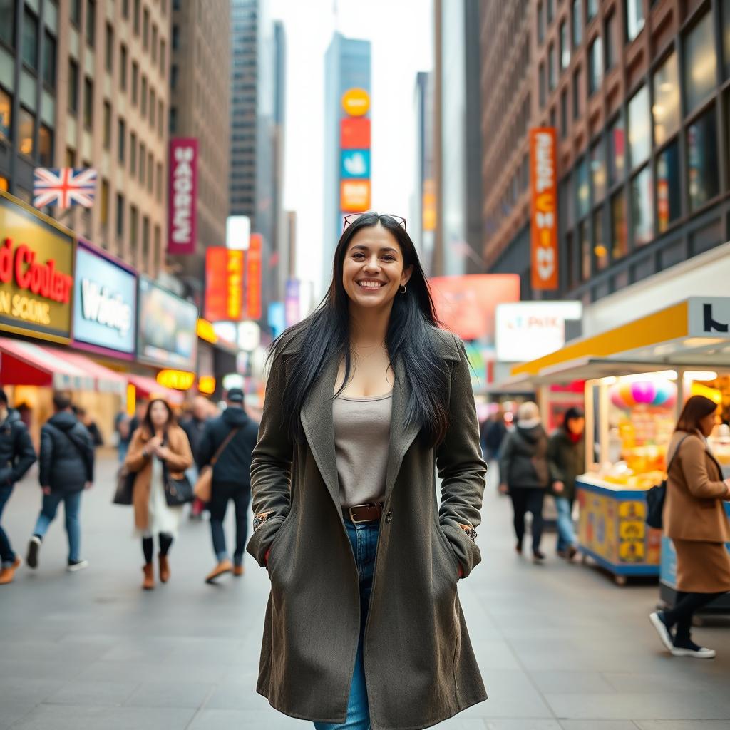 A 34-year-old woman walking through the vibrant streets of New York City, surrounded by tall skyscrapers and bustling pedestrians