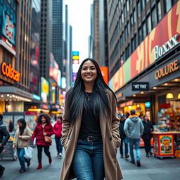 A 34-year-old woman walking through the vibrant streets of New York City, surrounded by tall skyscrapers and bustling pedestrians