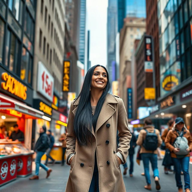 A 34-year-old woman walking through the vibrant streets of New York City, surrounded by tall skyscrapers and bustling pedestrians