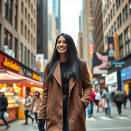 A 34-year-old woman walking through the vibrant streets of New York City, surrounded by tall skyscrapers and bustling pedestrians