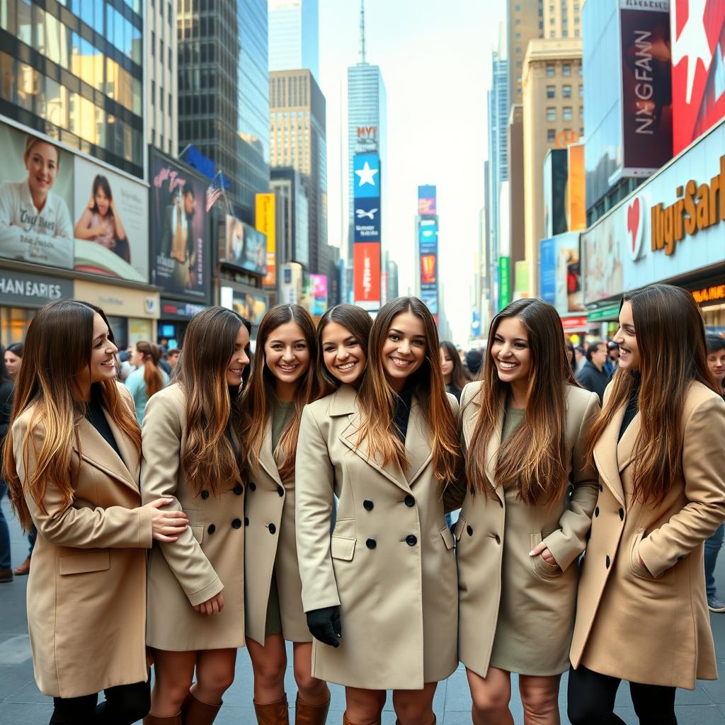 A scene in New York City featuring multiple identical 34-year-old women, each with long, straight brown hair and wearing matching stylish outfits, such as fitted coats and trendy boots