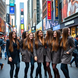 A scene in New York City featuring multiple identical 34-year-old women, each with long, straight brown hair and wearing matching stylish outfits, such as fitted coats and trendy boots