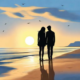 A high-quality digital art image illustrating a teen couple at the beach