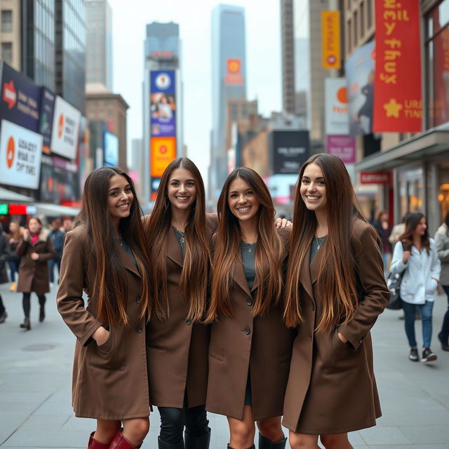 A scene in New York City featuring multiple identical 34-year-old women, each with long, straight brown hair and wearing matching stylish outfits, such as fitted coats and trendy boots