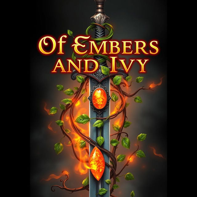 A book cover for 'Of Embers and Ivy' featuring a beautifully detailed sword intricately entwined with vibrant green ivy vines