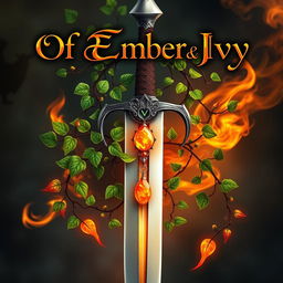 A book cover for 'Of Embers and Ivy' featuring a beautifully detailed sword intricately entwined with vibrant green ivy vines