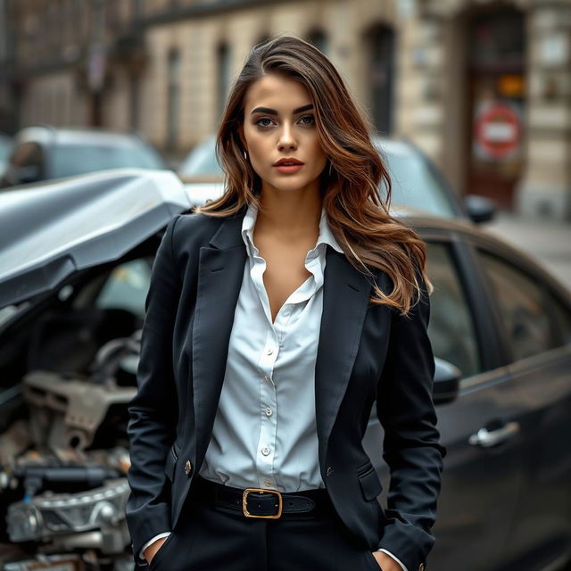 A young, stylish Ukrainian lawyer with a confident and lustful look, dressed in a fashionable tailored suit