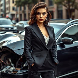 A young, stylish Ukrainian lawyer with a confident and lustful look, dressed in a fashionable tailored suit