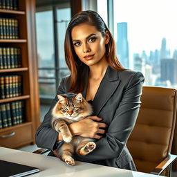 A strikingly attractive young American lawyer with a lustful look, dressed in a stylish, professional suit