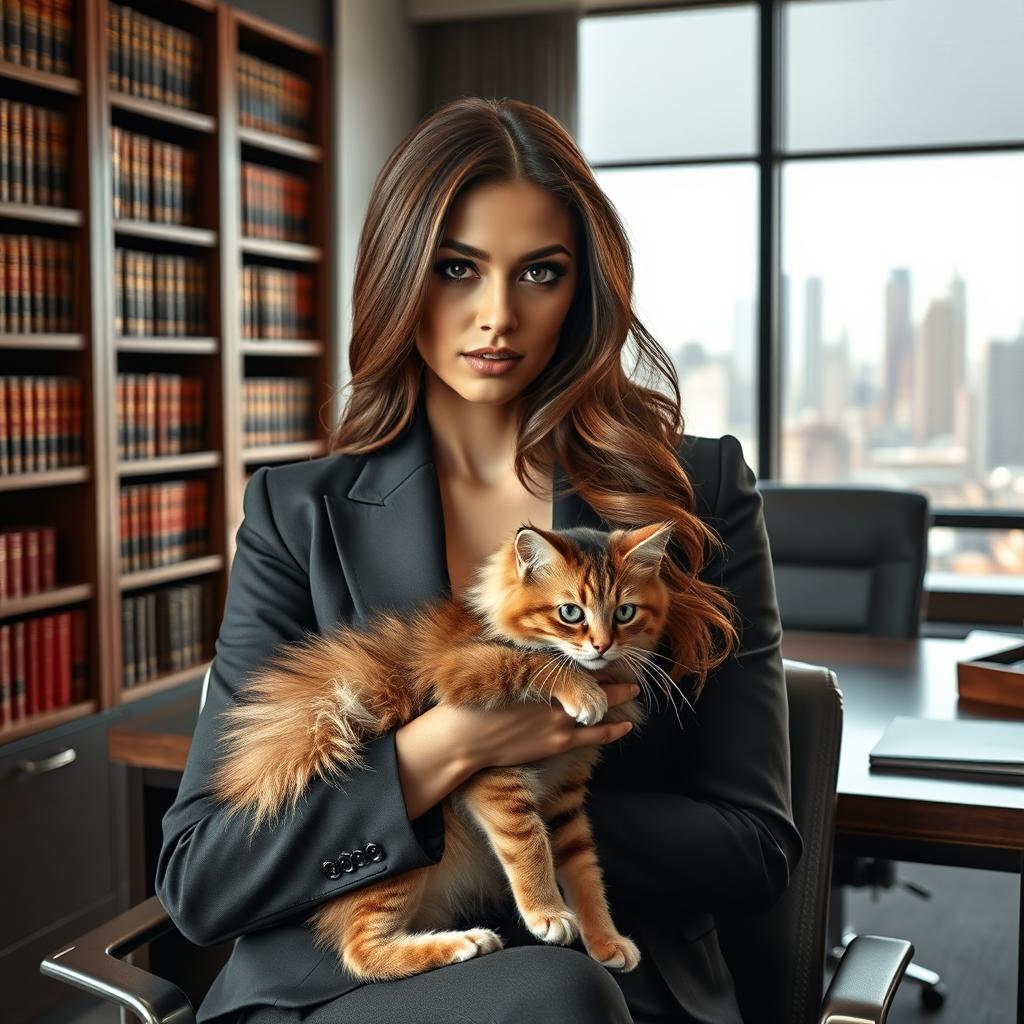 A strikingly attractive young American lawyer with a lustful look, dressed in a stylish, professional suit