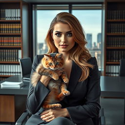 A strikingly attractive young American lawyer with a lustful look, dressed in a stylish, professional suit