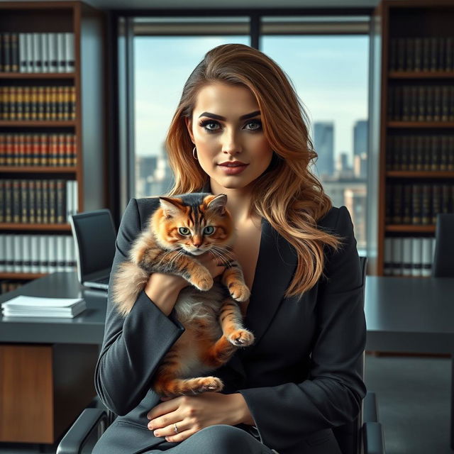 A strikingly attractive young American lawyer with a lustful look, dressed in a stylish, professional suit
