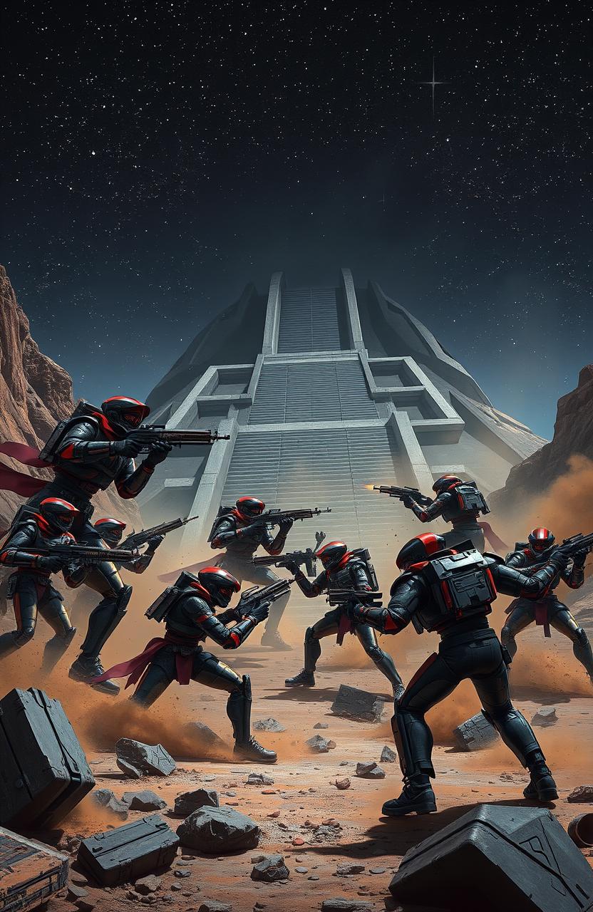 A dramatic clash between two units of black and red military cyborgs on the rocky surface of a distant planet