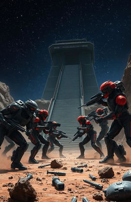 A dramatic clash between two units of black and red military cyborgs on the rocky surface of a distant planet