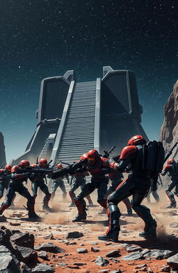 A dramatic clash between two units of black and red military cyborgs on the rocky surface of a distant planet